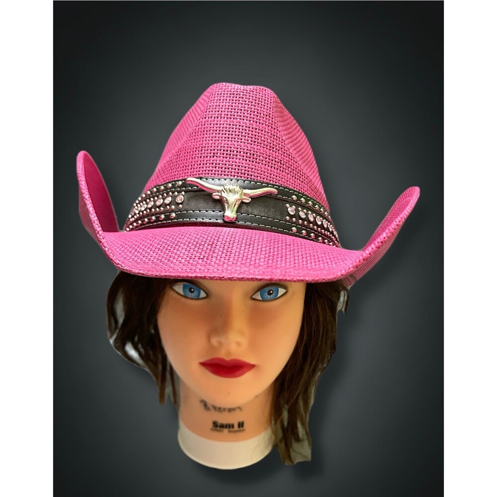 Silver Rodeo Pink Cowgirl Hat with Rhinestone Band and Bull Skull